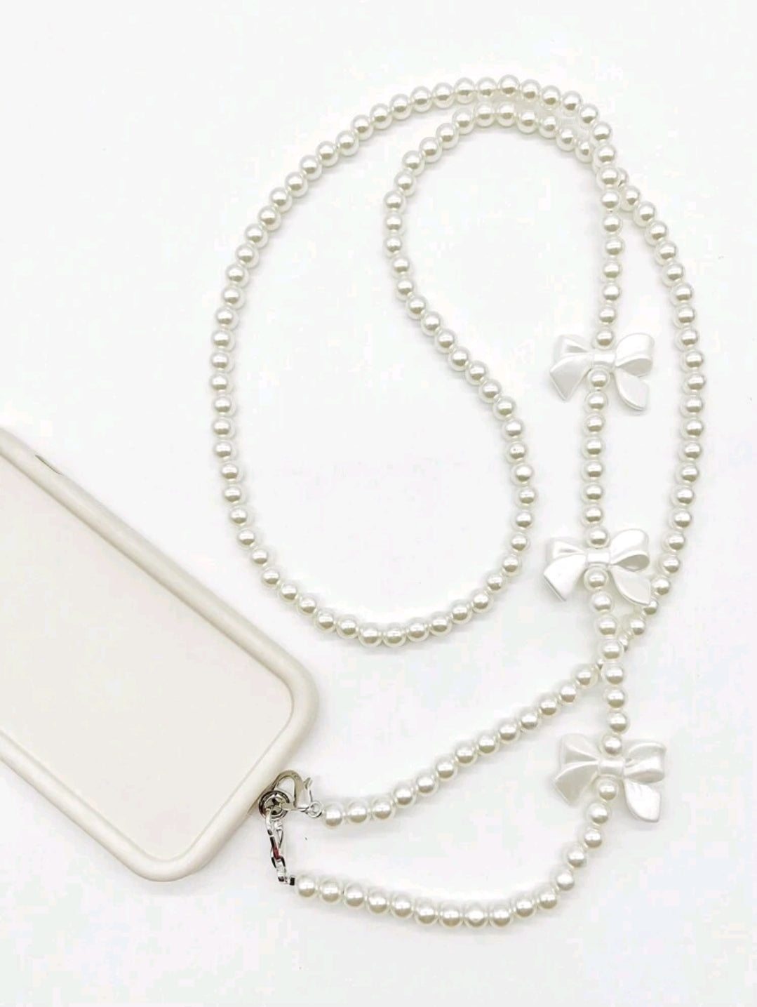 White bow pearl phone lanyard