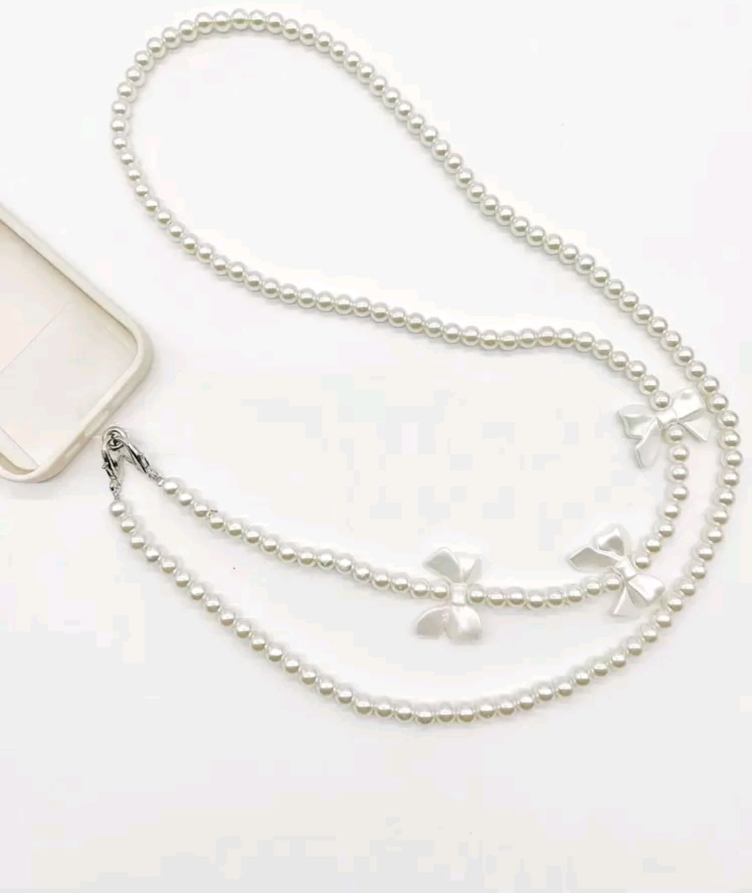White bow pearl phone lanyard