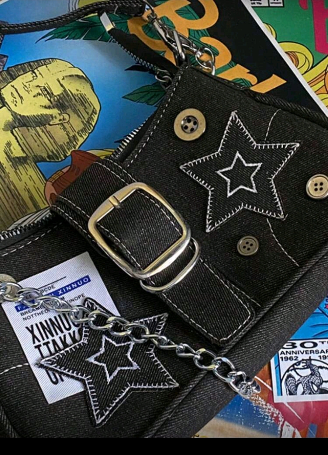 Black denim patch bag