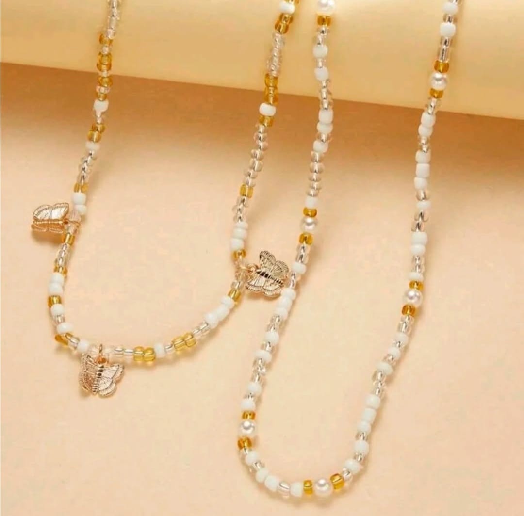 White and gold beaded butterfly waist chain set