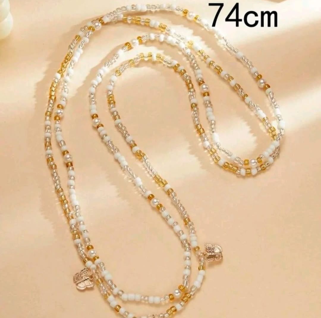 White and gold beaded butterfly waist chain set