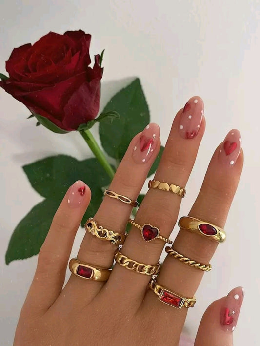 Red stone 9pcs ring set