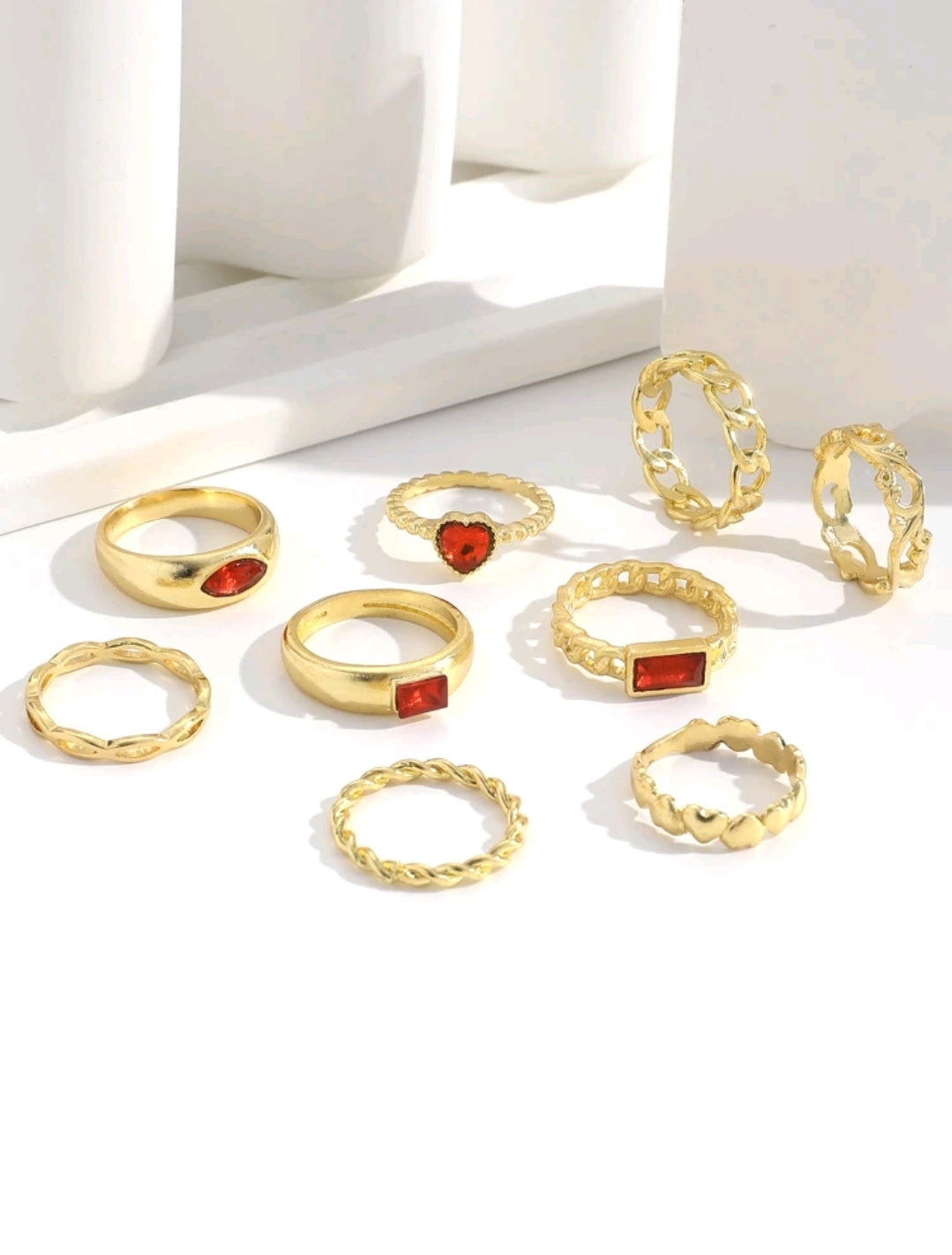 Red stone 9pcs ring set