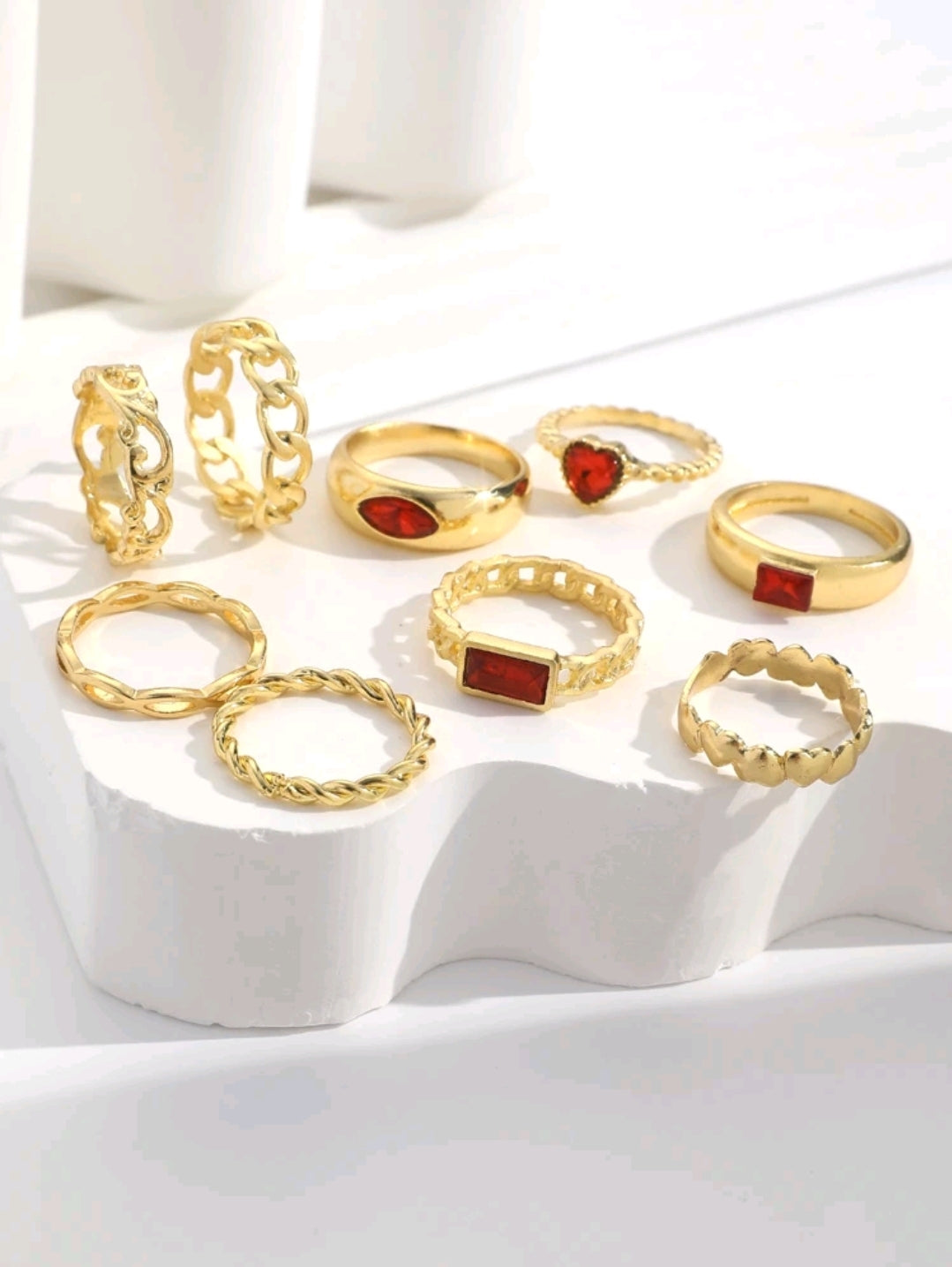 Red stone 9pcs ring set