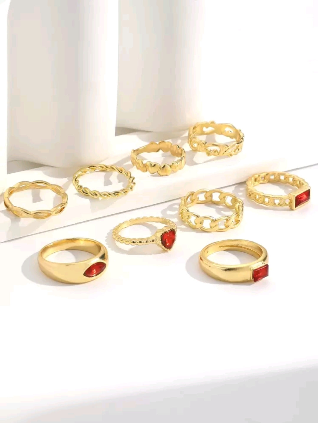Red stone 9pcs ring set