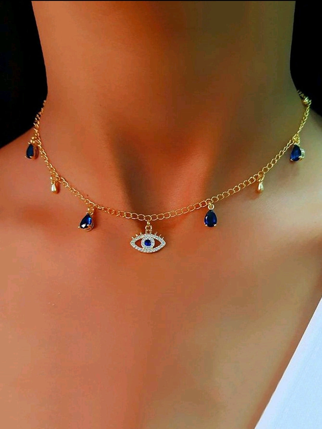 Blue stone evil eye choker necklace