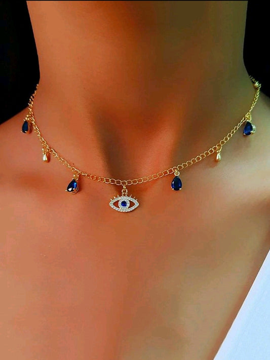 Blue stone evil eye choker necklace
