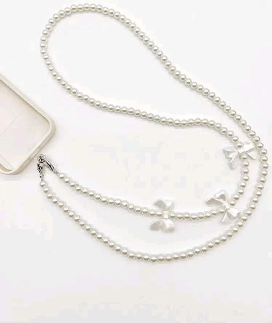 White bow pearl phone lanyard