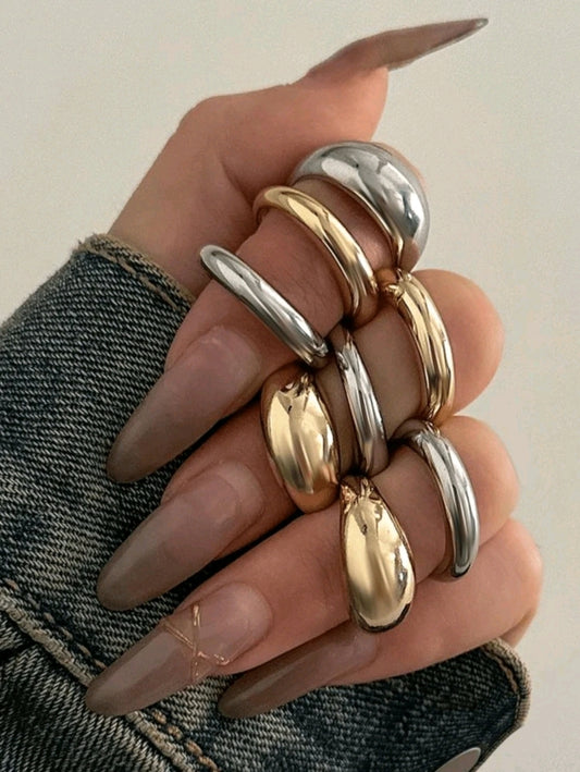 8pcs silver and golden chunky rings set