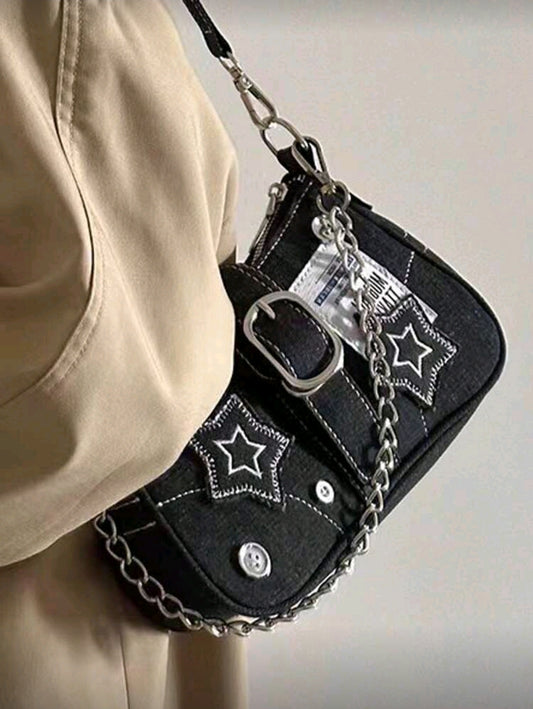 Black denim patch bag