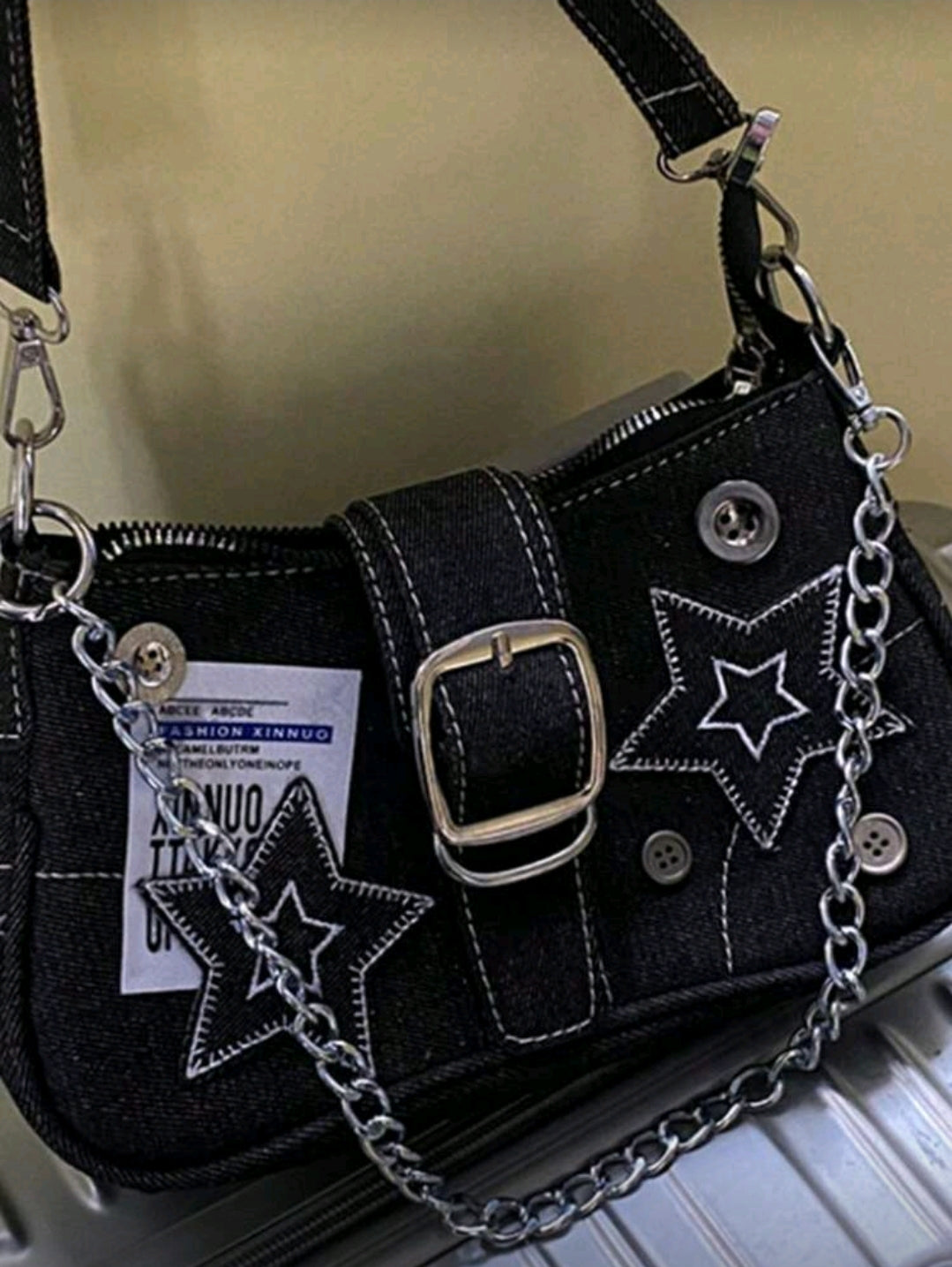 Black denim patch bag