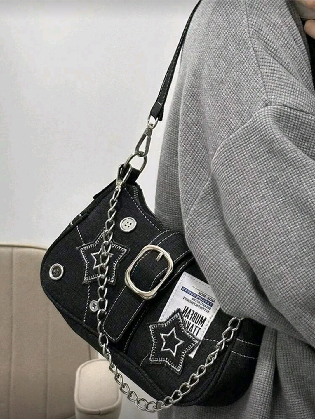 Black denim patch bag