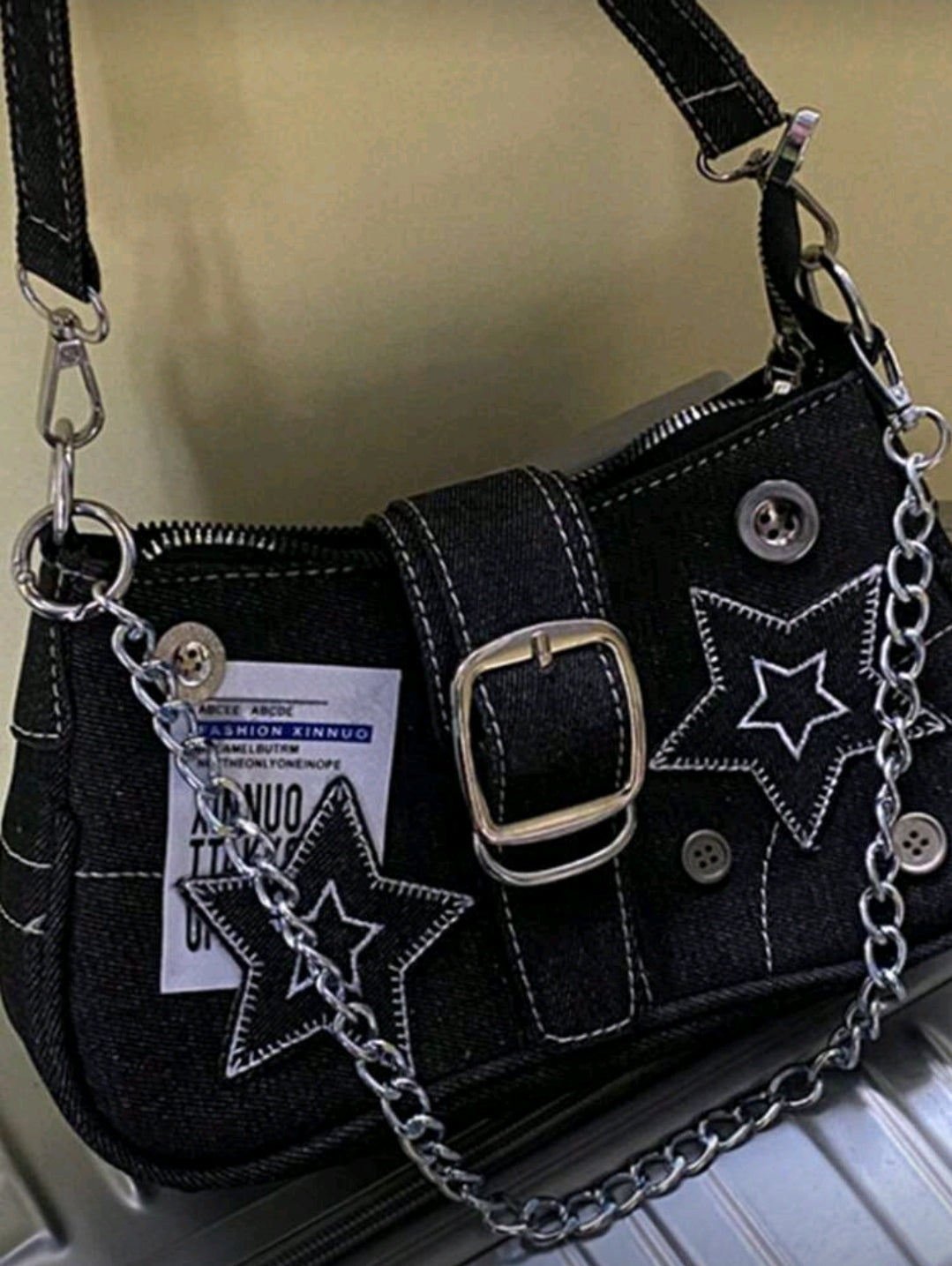 Black denim patch bag