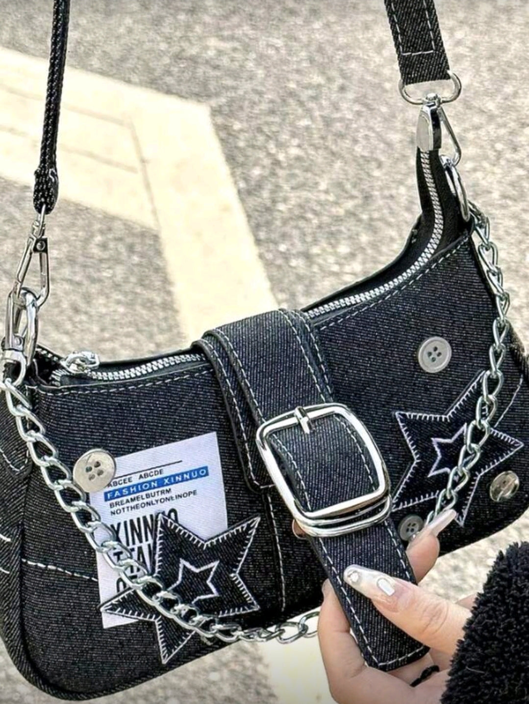 Black denim patch bag