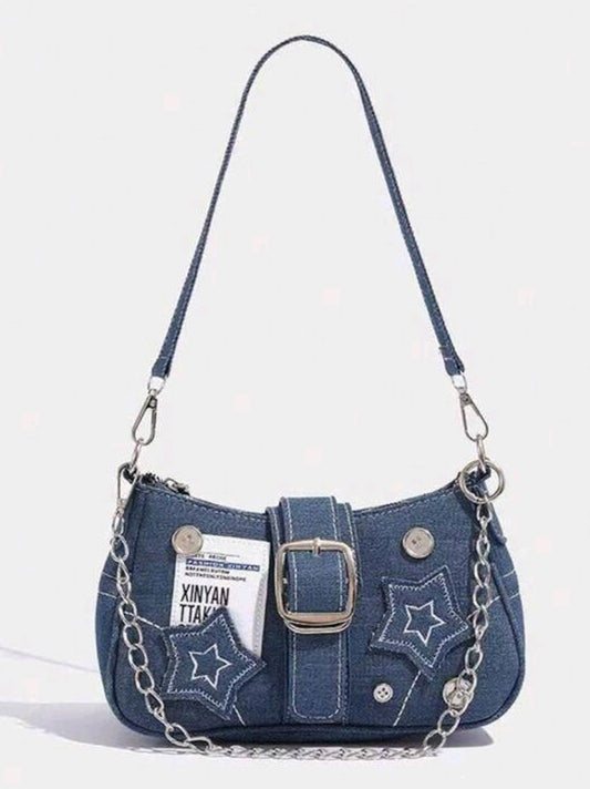 Blue denim patch detail bag