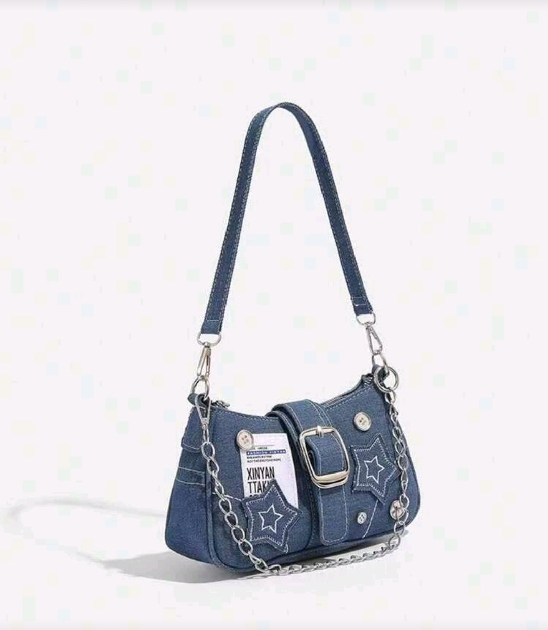 Blue denim patch detail bag