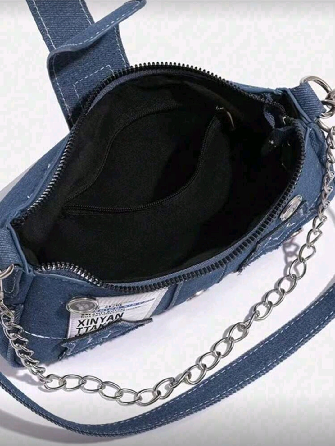 Blue denim patch detail bag