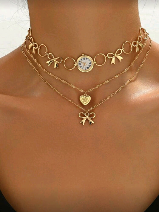 Clock triple layered necklace