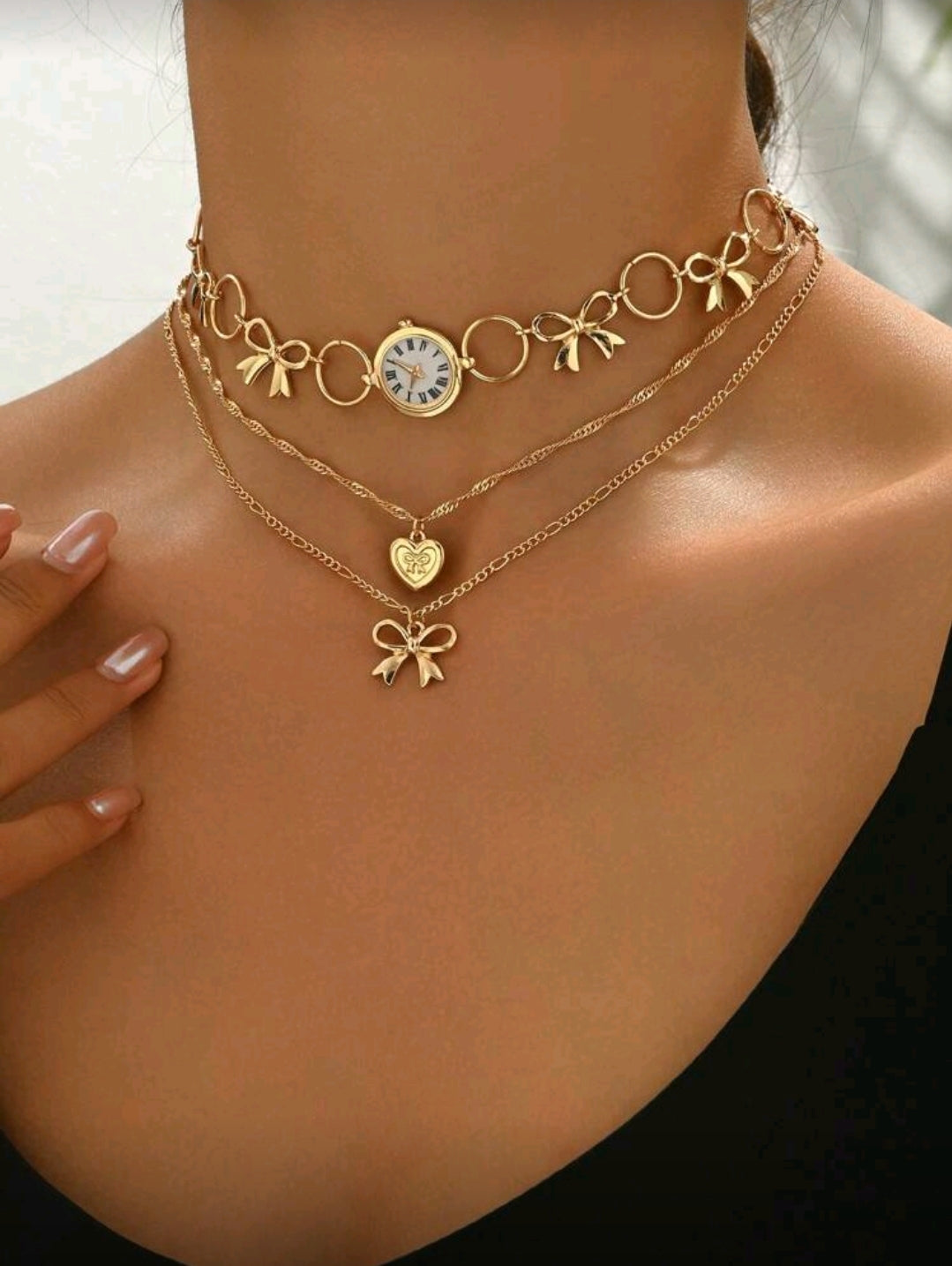 Clock triple layered necklace