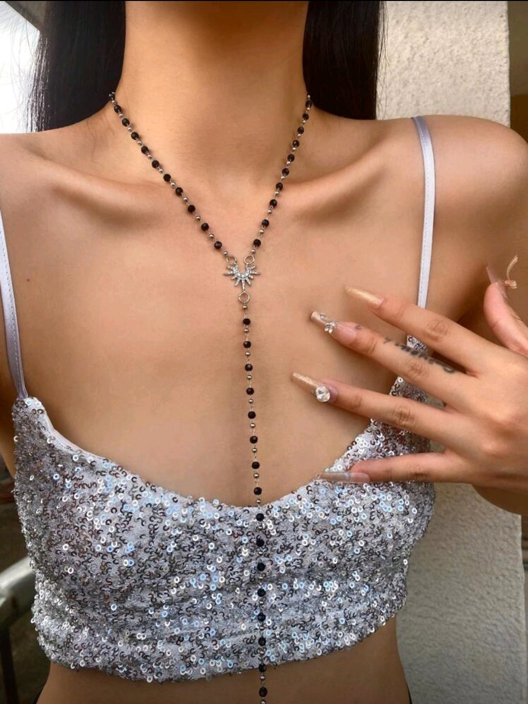 Golden black beaded Y shaped necklace