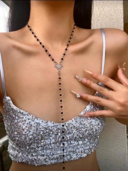 Golden black beaded Y shaped necklace