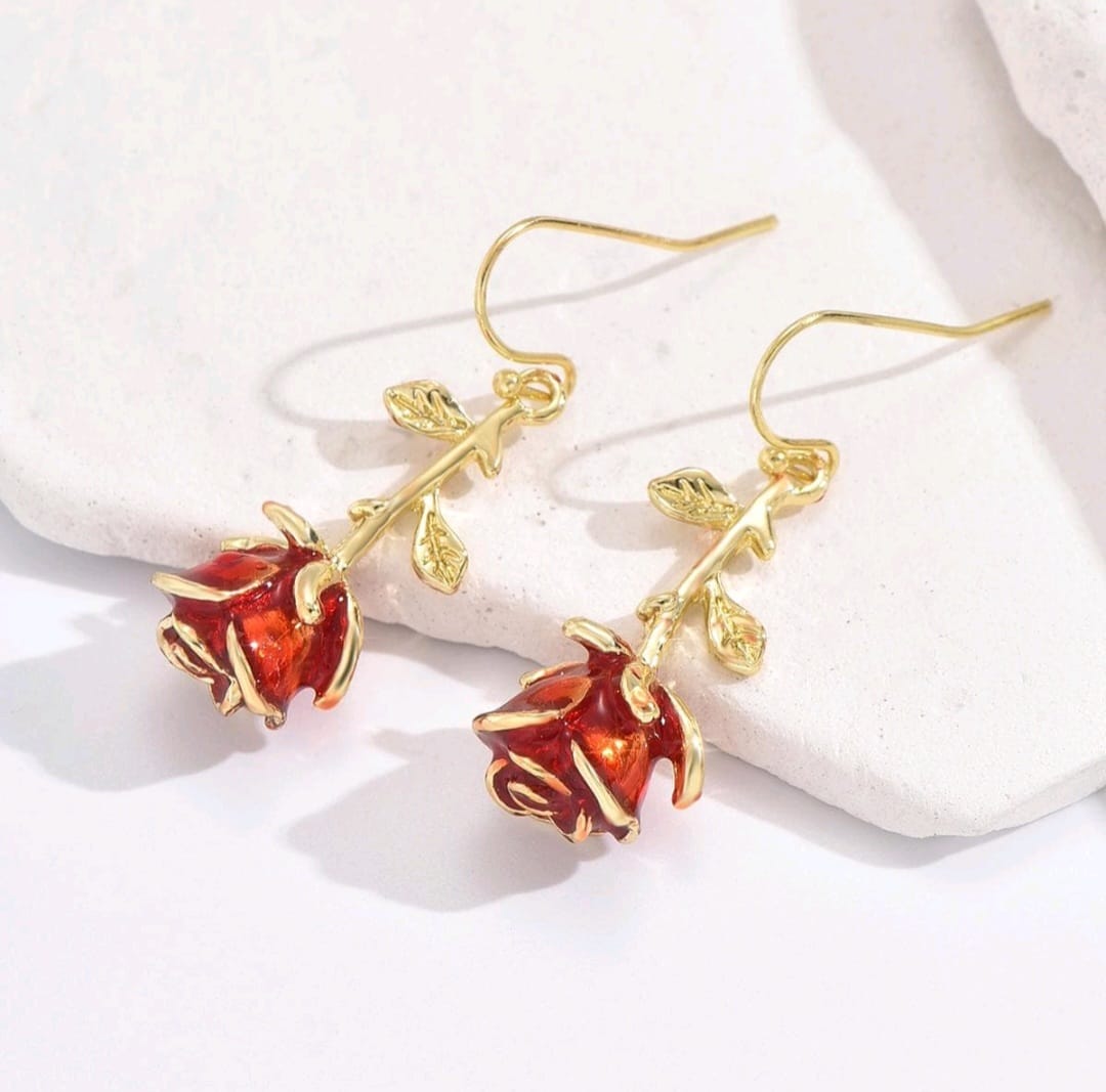 Red rose drop earrings