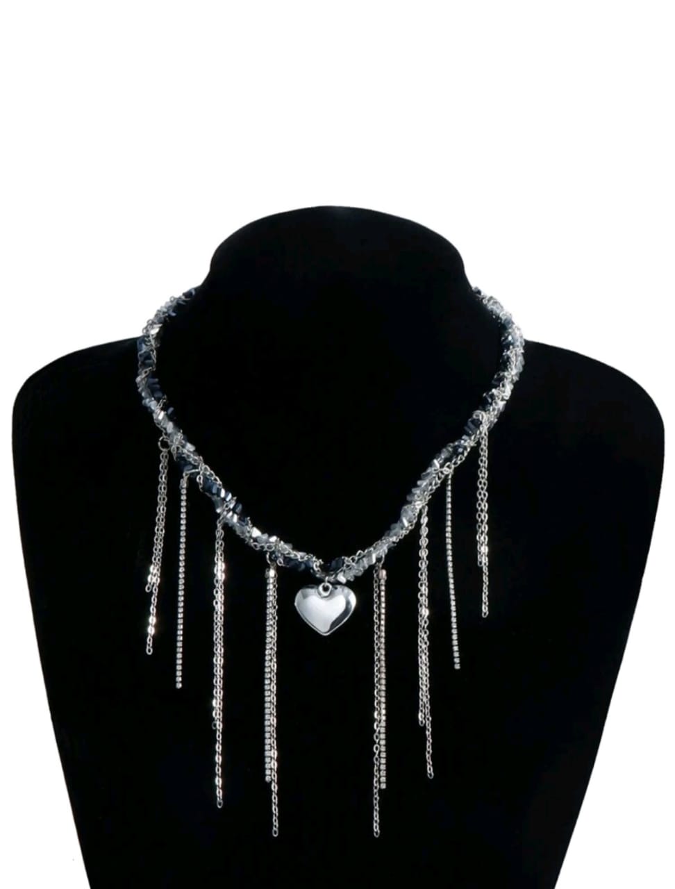 Black gem silver chain detail necklace