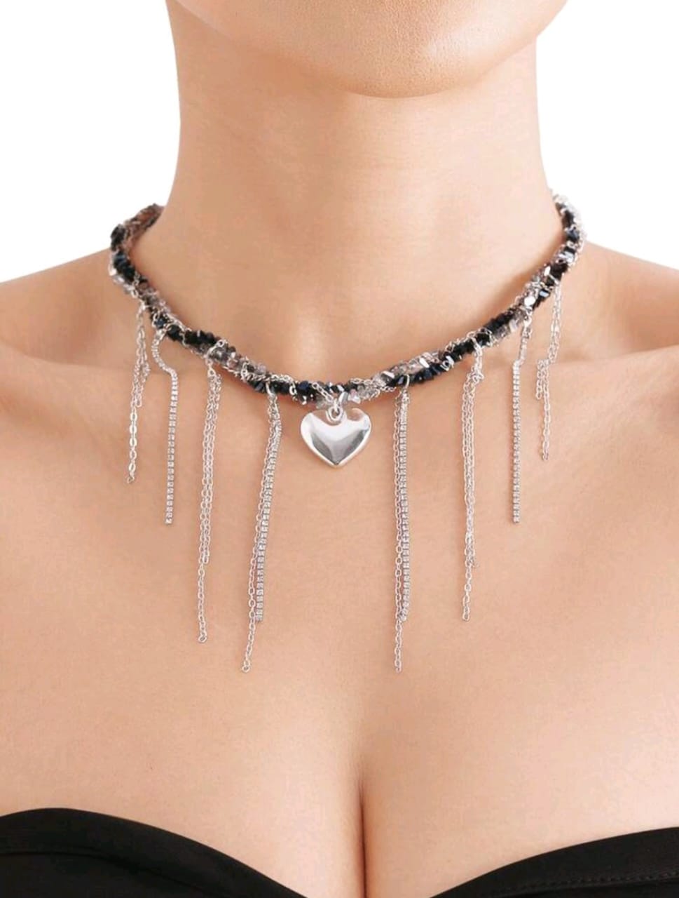 Black gem silver chain detail necklace
