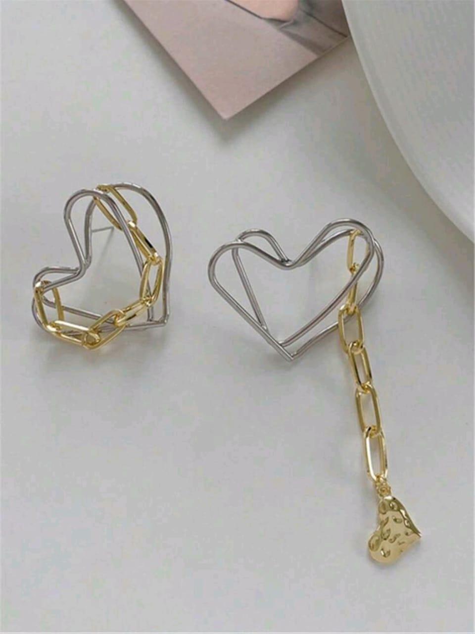 Heart silver and golden asymmetrical earrings