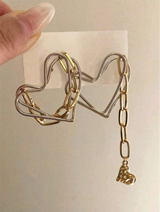 Heart silver and golden asymmetrical earrings