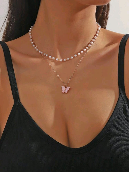 Layered pink butterfly necklace